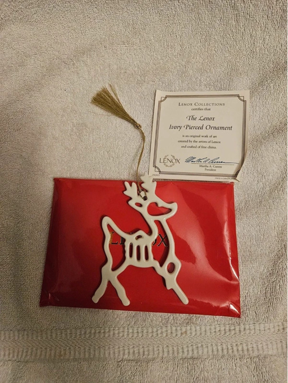 Lenox Ivory Pierced Reindeer Ornament Fine China COA Tassel Vintage Christmas